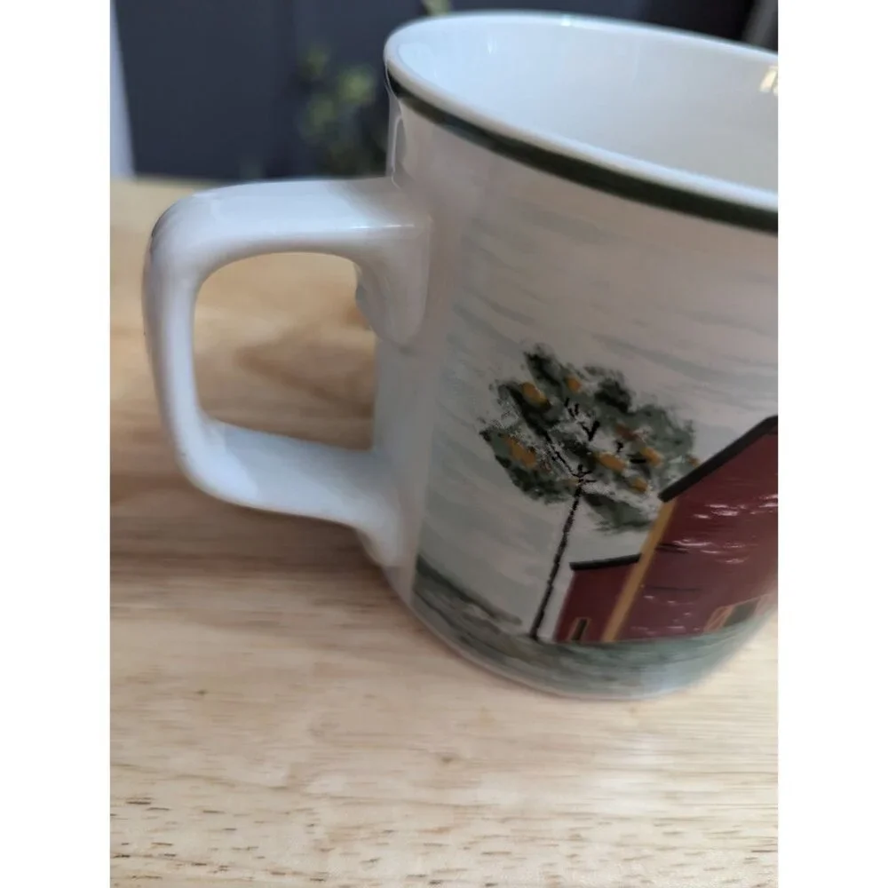 Tienshan Stoneware Praire mug Red Barn dual side‎ image green rim trim country